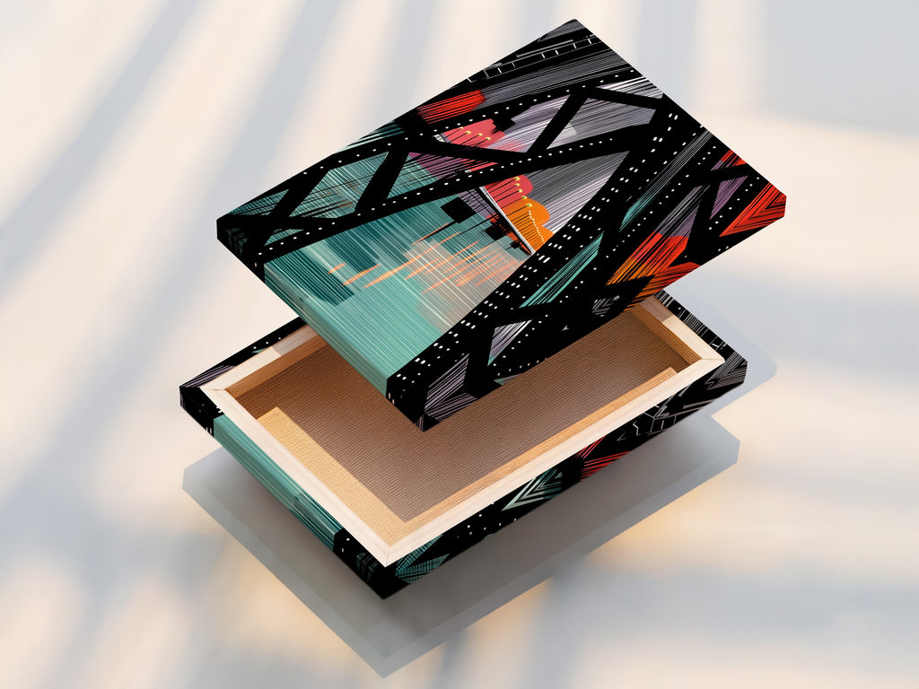 This is a stretched canvas print of the City Bridge artwork. The canvas texture enhances the urban artwork. This option provides a gallery ready feel. The stretched canvas brings geometric artwork to life.