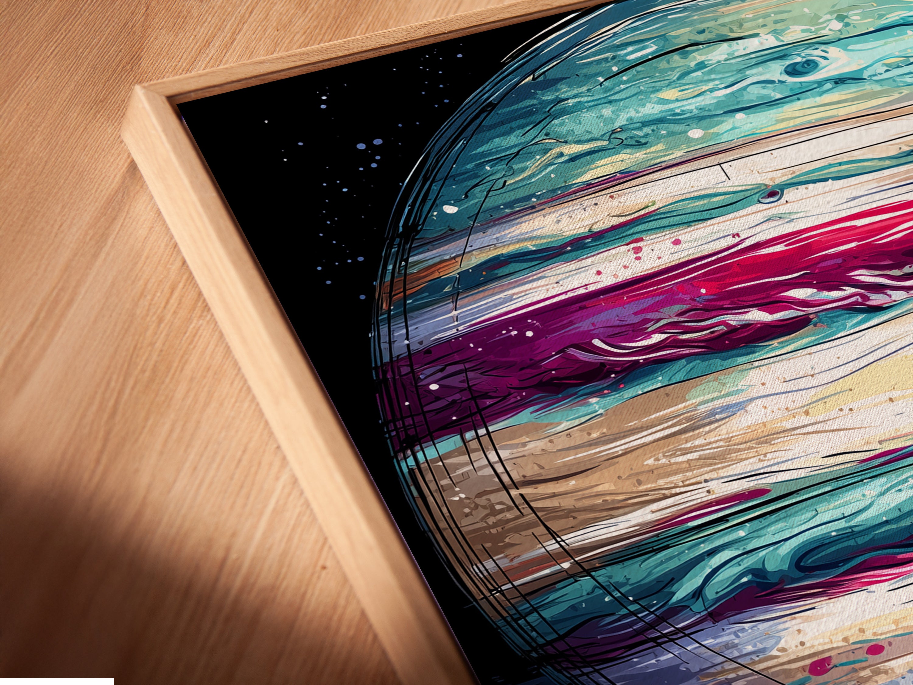 Close-up of a canvas print in a floating frame. This abstract galaxy wall art creates a sophisticated look. Ideal for modern wall art enthusiasts. Add this modern print to your collection.