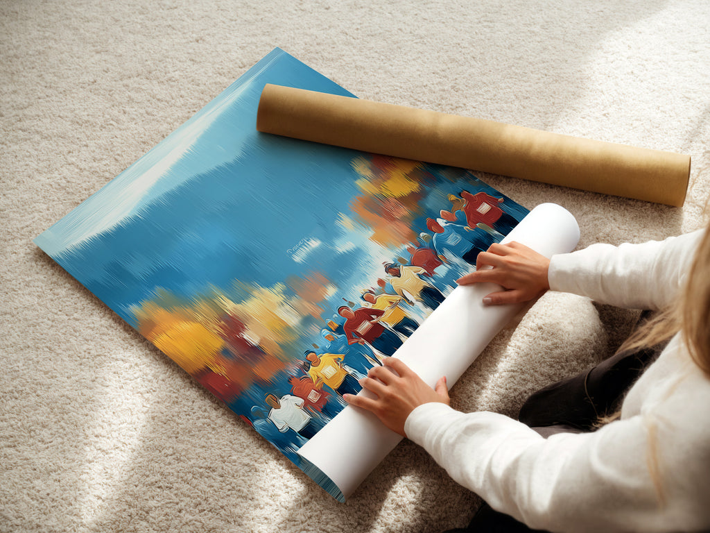 A woman is carefully rolling a fine art poster paper. This marathon runners artwork is available as a high-quality poster. Perfect for sports wall decor and fitness motivation. Get this athletic artwork printed on premium fine art paper for your home gym.