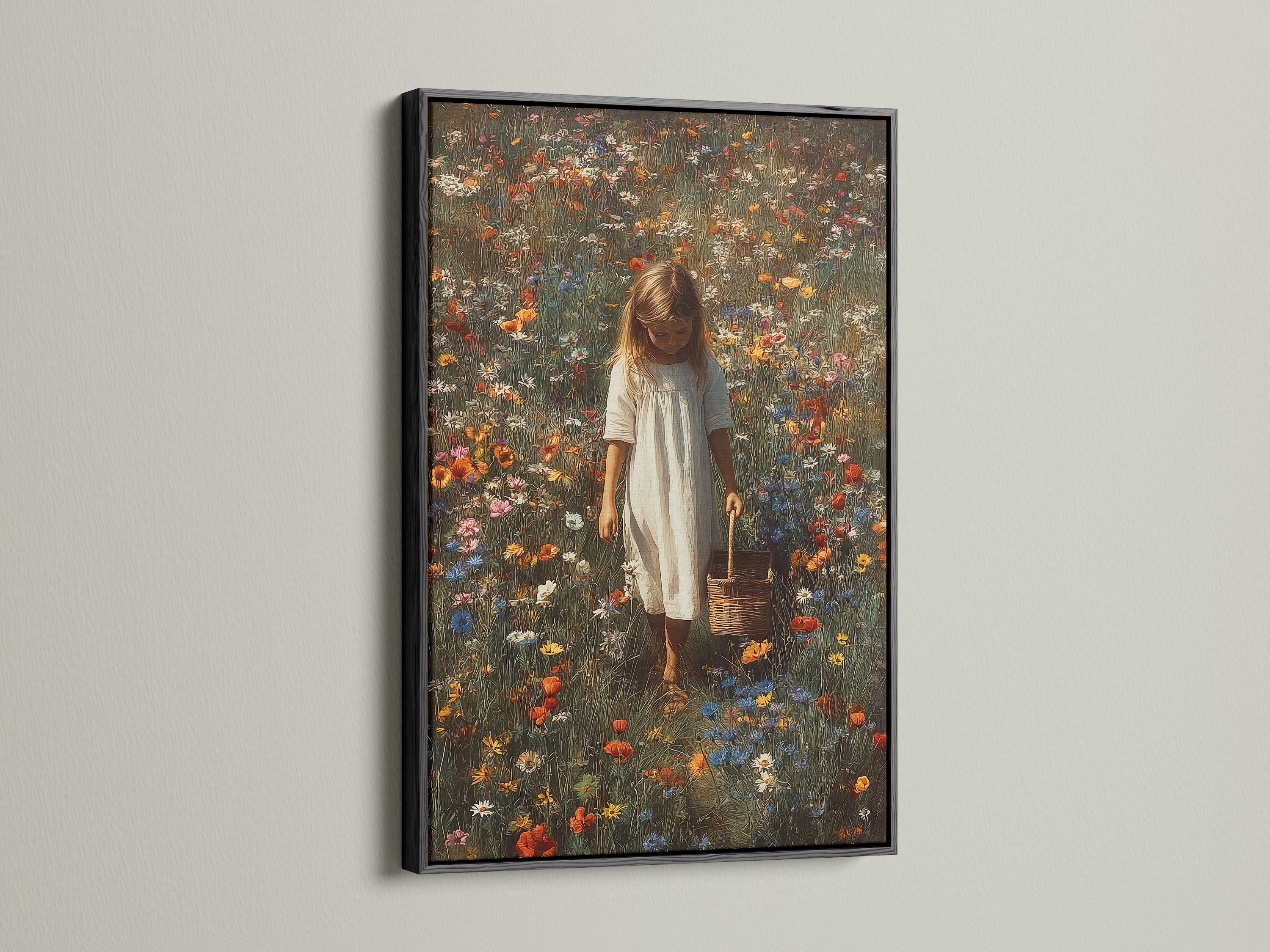 Black frame art print. The artwork features a girl with a basket in a field of wildflowers. The black frame adds a sophisticated touch. It provides a striking contrast. It makes the art pop. It is ideal for contemporary spaces.