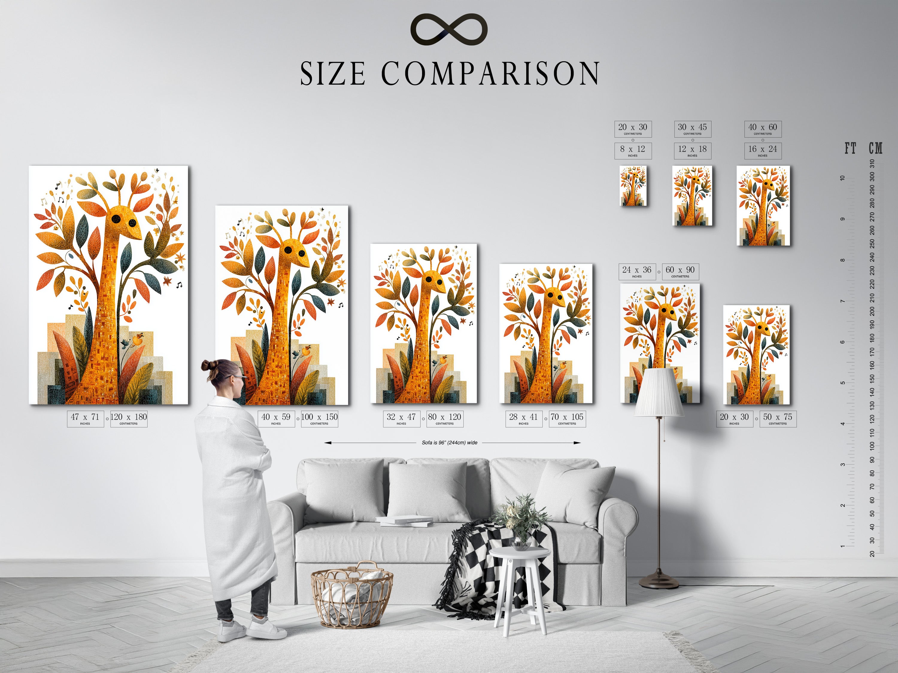 Size comparison chart displayed in an interior. Visualize how different art sizes will look in your home. Choose the perfect dimensions for your artwork. Make informed decisions with this helpful size guide.