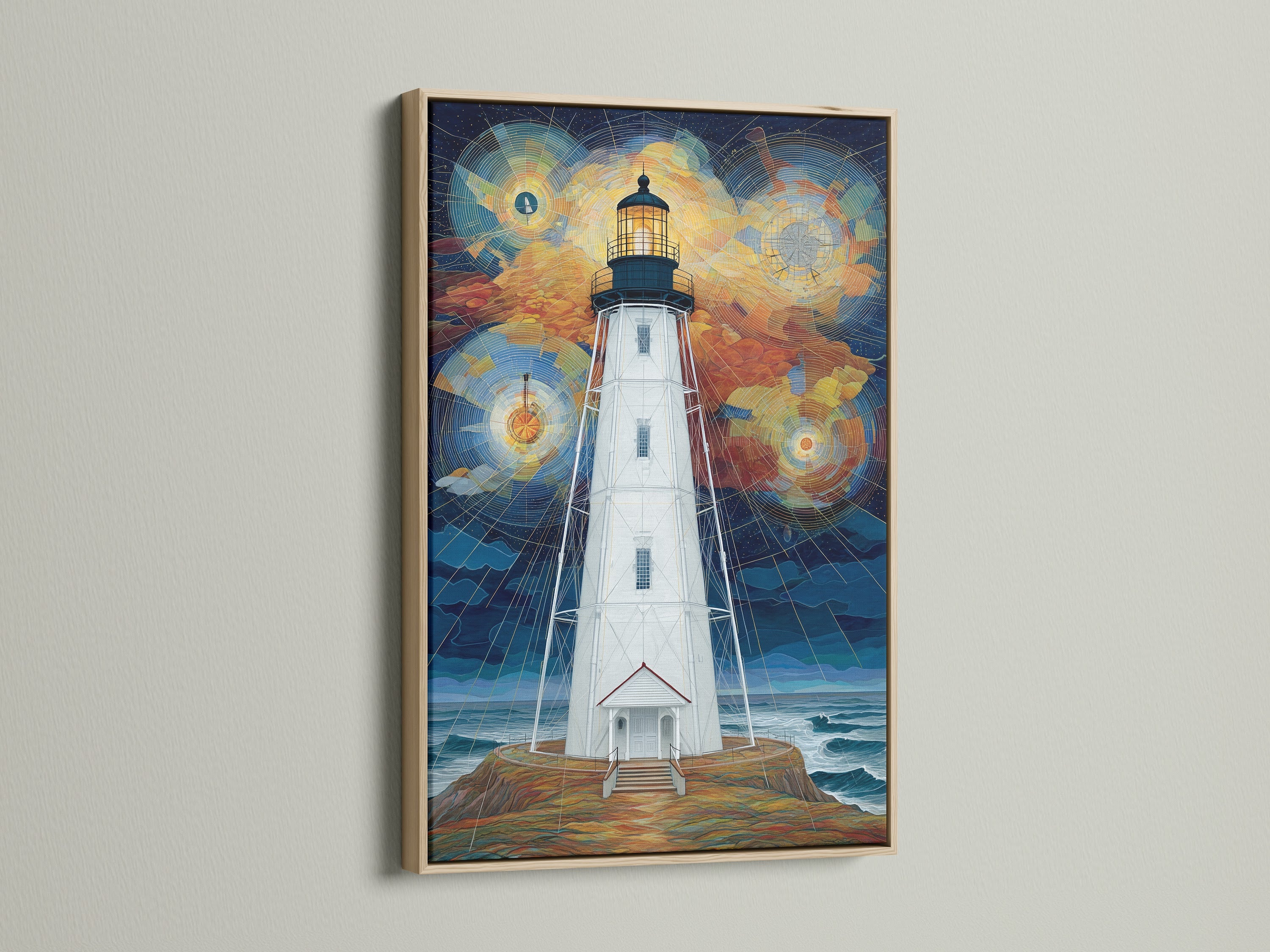 Lighthouse geometric sky artwork in an oak frame. This coastal wall art brings a nautical touch to your home. The geometric sky print features a stunning lighthouse. The oak frame complements the art's minimalist design. It's ideal for living rooms bedrooms and beach houses