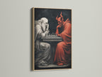 Chess Master Devil vs Angel artwork in an oak frame. This medieval fantasy art is ideal for a study room. The artwork features a chess game between a devil and angel. Add a touch of intrigue to your space.