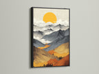 The mountain sunrise canvas artwork is presented in a sleek black frame. This abstract landscape art adds sophistication. The golden sun nature poster complements modern decor. Black frame provides a bold contrast to the artwork. Elevate your home office art with this nature-inspired piece. Explore the beauty of warm tone prints.