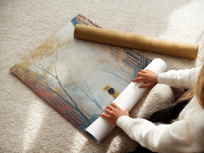 A woman is carefully rolling a fine art poster paper. The poster paper features the City Street artwork. The artwork features a woman and her dog. The fine art poster paper showcases the artwork's details. This is a great option for those seeking a versatile art piece.