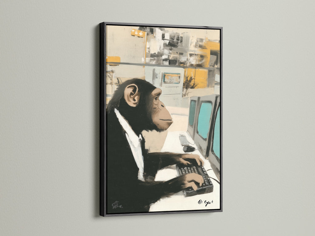 A Monkey Office Art Print is framed in sleek black. It hangs against a clean white wall. The funny animal art features a chimp working diligently. This office humor print is a great addition to any desk. It is perfect for those who appreciate quirky wall decor. This animal canvas art is both stylish and amusing.