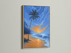 Tropical beach art showing a palm tree at sunset. The artwork is framed in a natural oak frame. Ocean waves gently roll onto the shore. This coastal wall decor is ideal for living rooms or bedrooms. Bring the serene beach vibe indoors.