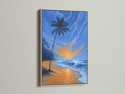 Tropical beach art showing a palm tree at sunset. The artwork is framed in a natural oak frame. Ocean waves gently roll onto the shore. This coastal wall decor is ideal for living rooms or bedrooms. Bring the serene beach vibe indoors.