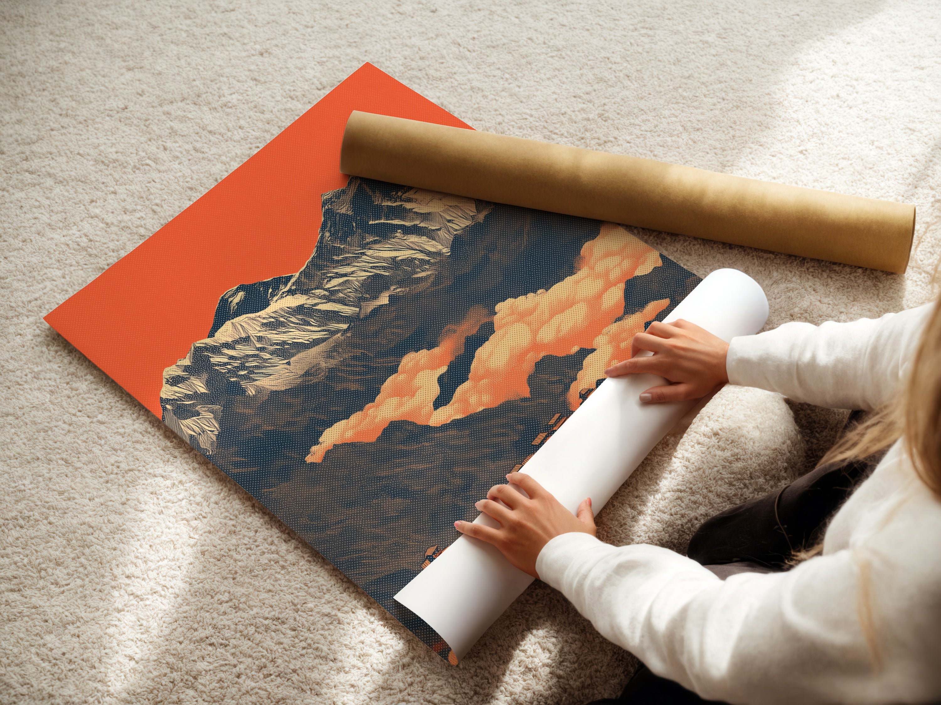A woman is carefully rolling a fine art poster paper. This Himalayan wall art is printed on high-quality material. Perfect for framing or displaying as is. Explore our vintage mountain decor prints.