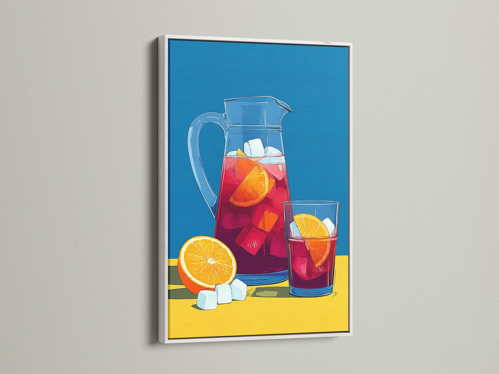 Sangria Pitcher artwork in a white frame. The white frame creates a clean look. This artwork is great for summer drink enthusiasts. Perfect for a dining room or kitchen. The art features a refreshing sangria pitcher.