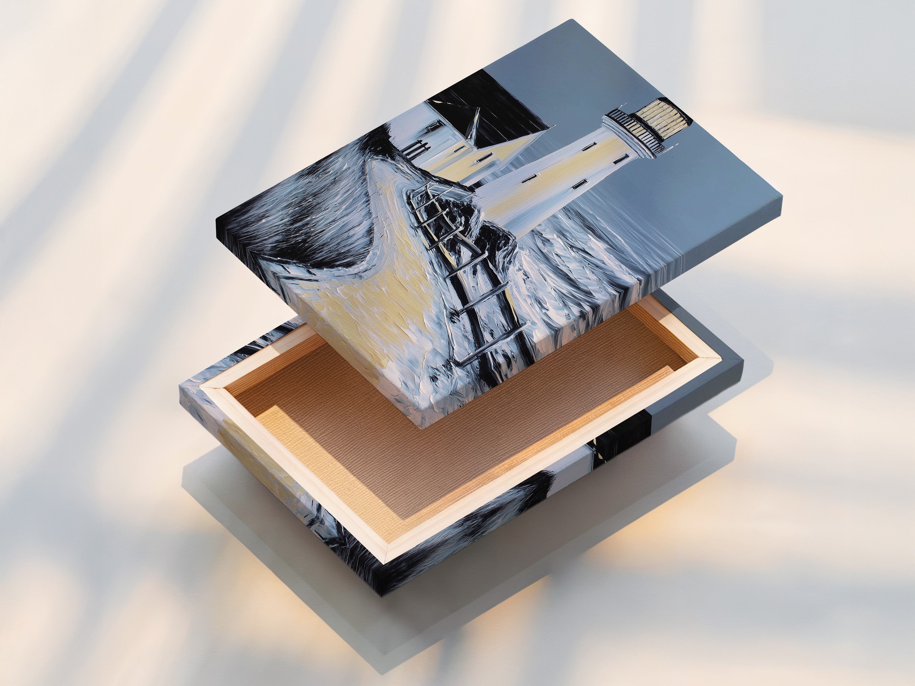 Stretched canvas print of a lighthouse coastal artwork. This nautical print is ready to hang and enjoy. The stretched canvas provides a gallery-worthy look. It's a great addition to any coastal themed room.