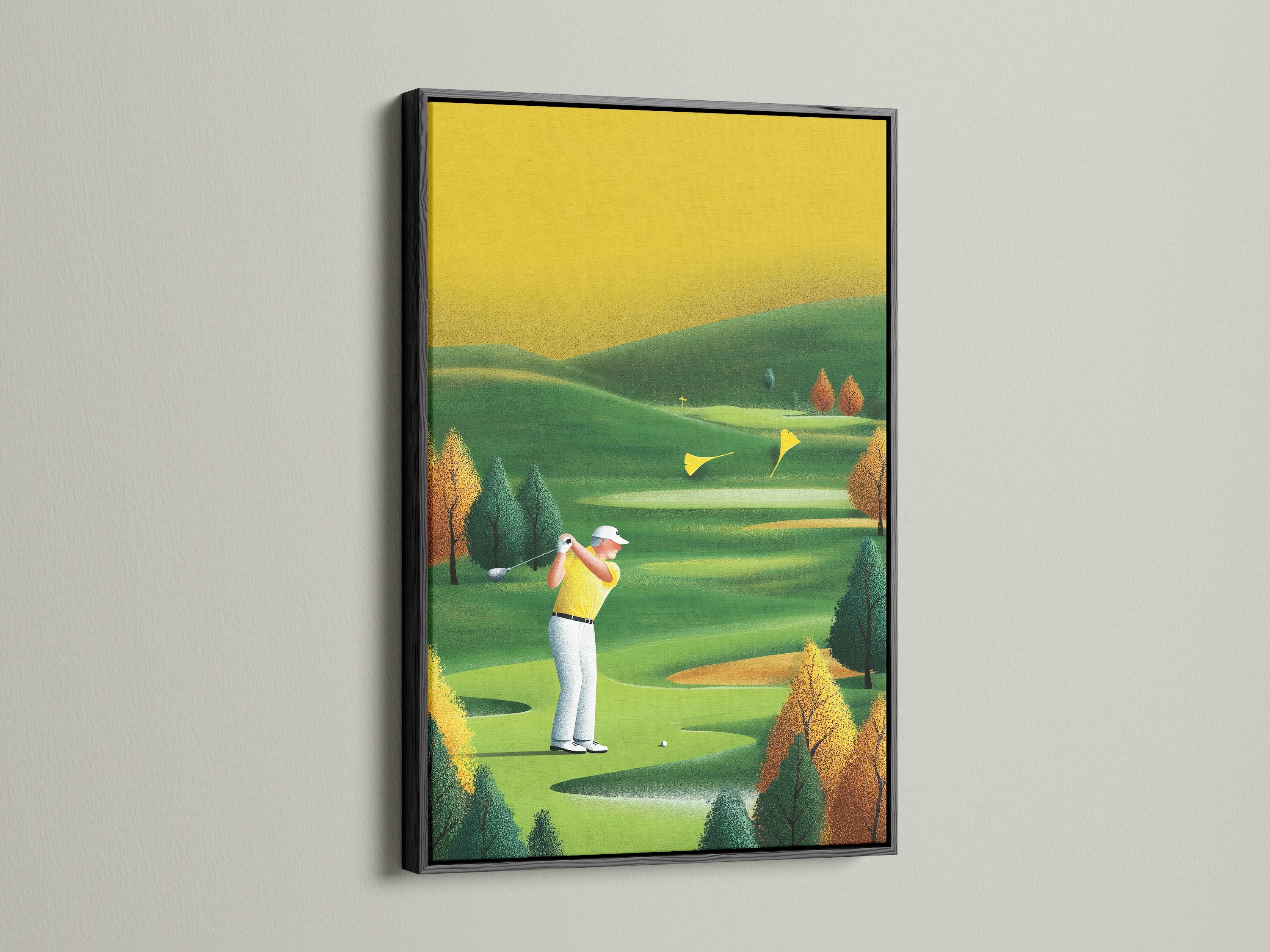 A striking golf course print in a black frame. This sports wall decor is perfect for a man cave. The golfer artwork adds a bold touch to any space. Vintage golf art enhances an office. This golf lover gift is a sophisticated addition to any collection.