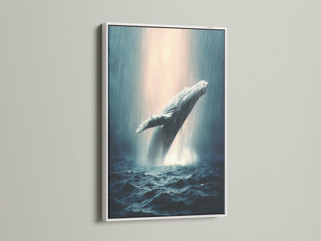 Whale artwork in a white frame. It is ocean wildlife wall art. It features a humpback whale. This is marine life art. The whale artwork is perfect for coastal wall decor. This is sea life print.