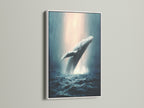 Whale artwork in a white frame. It is ocean wildlife wall art. It features a humpback whale. This is marine life art. The whale artwork is perfect for coastal wall decor. This is sea life print.