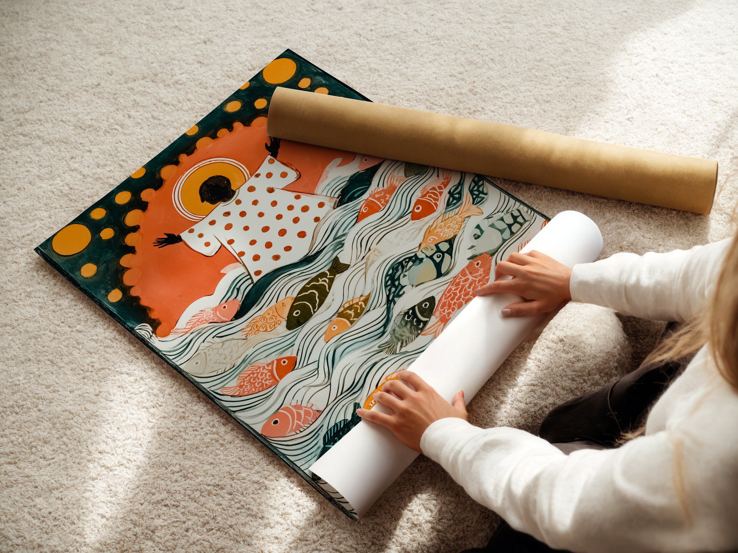 A woman is carefully rolling a fine art poster paper. The poster paper ensures high-quality art reproduction. Fine art paper enhances the colors and details of the artwork. This is a crucial step in preserving your art. Ensure your art lasts with the right paper.
