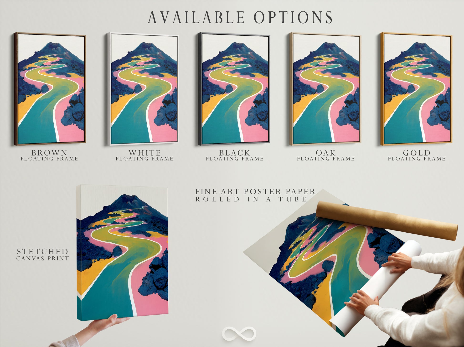 Available options for this abstract mountain landscape artwork. Choose from a stretched canvas print or a fine art poster paper. Consider a floating frame for a polished look. Modern wall art solutions.