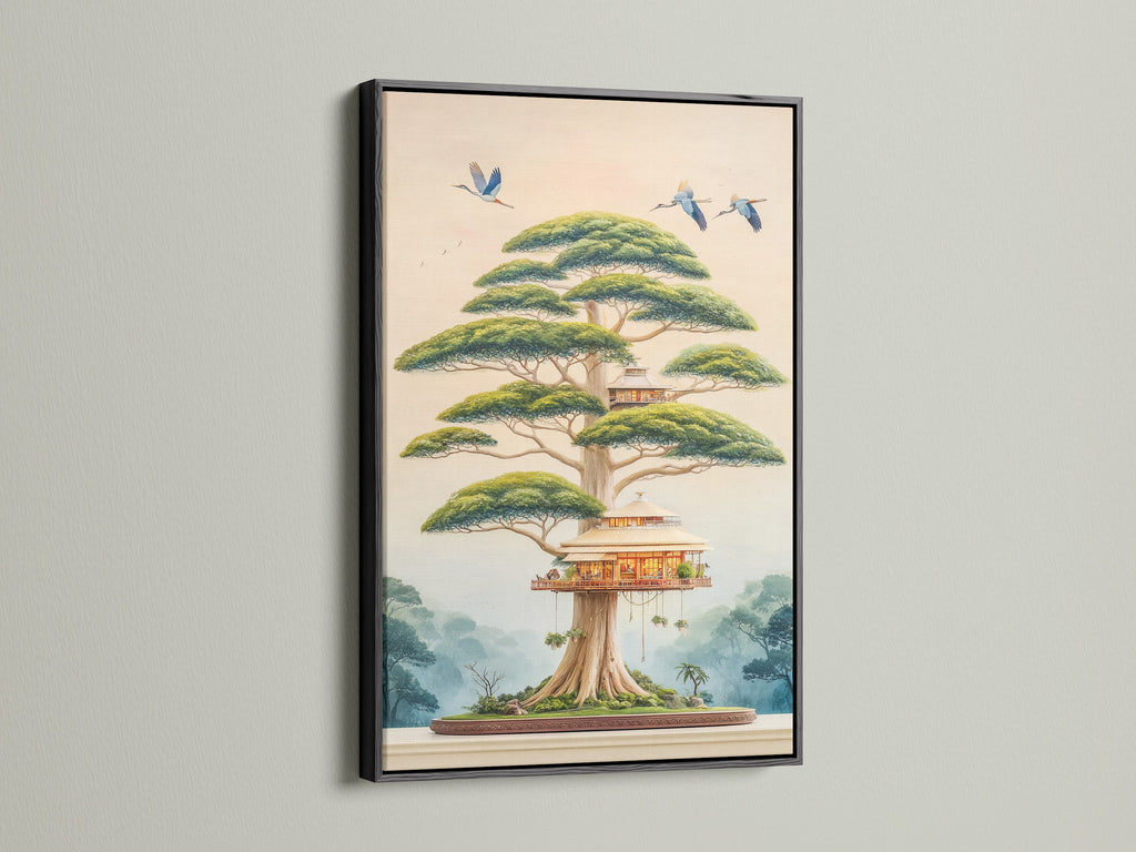 Bring a touch of elegance with a black frame. This frame surrounds the Japanese Bonsai Tree House art. Ideal for modern interiors. This zen wall artwork adds a peaceful aesthetic to your space. Perfect for contemporary minimalist or eclectic styles.