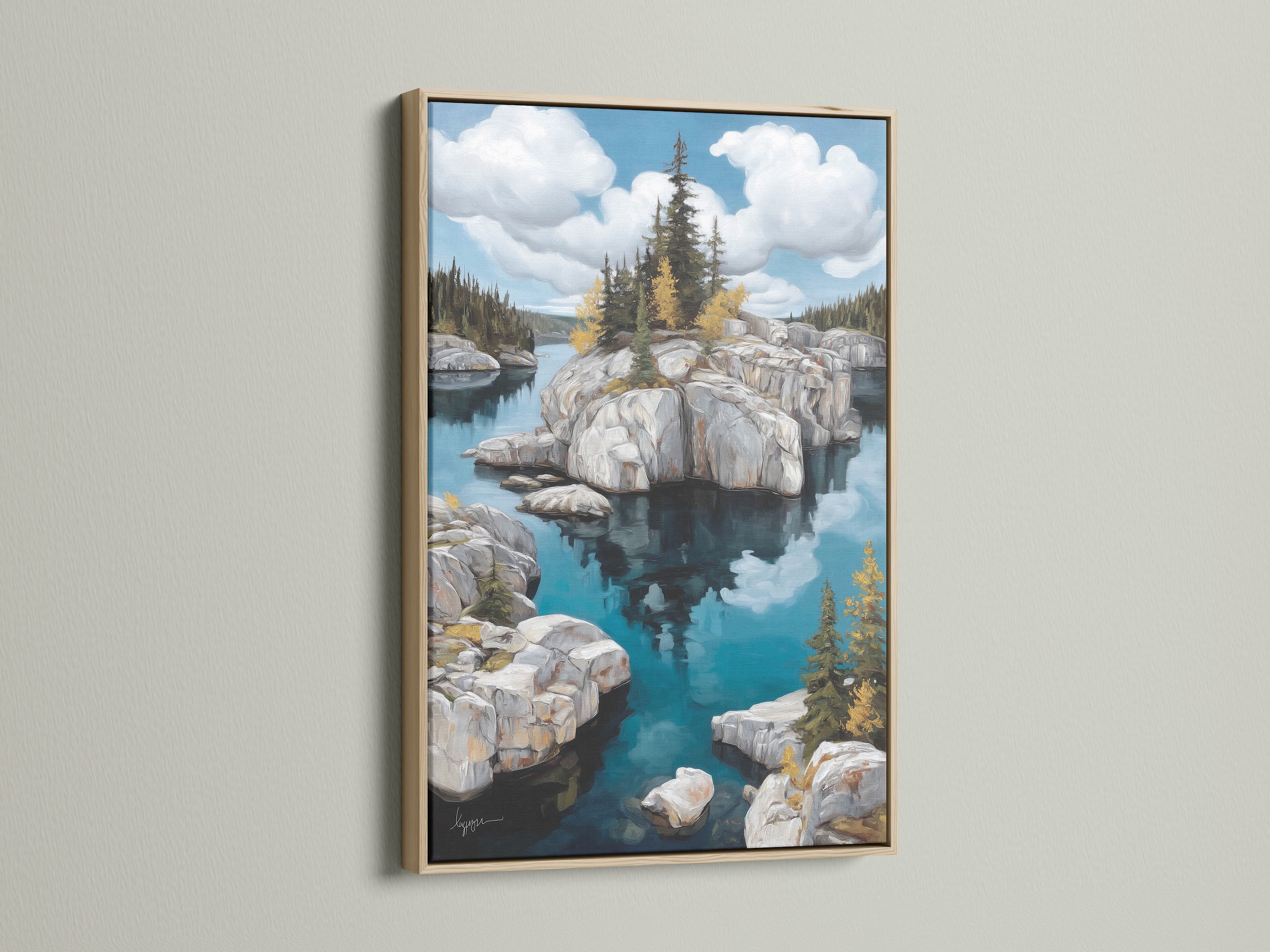 Transform your home with a lake landscape canvas print. This scenic wall art is framed in oak. Its teal blue nature artwork brings the beauty of the outdoors inside. Ideal for homeowners and interior stylists seeking elevated coastal wall art.
