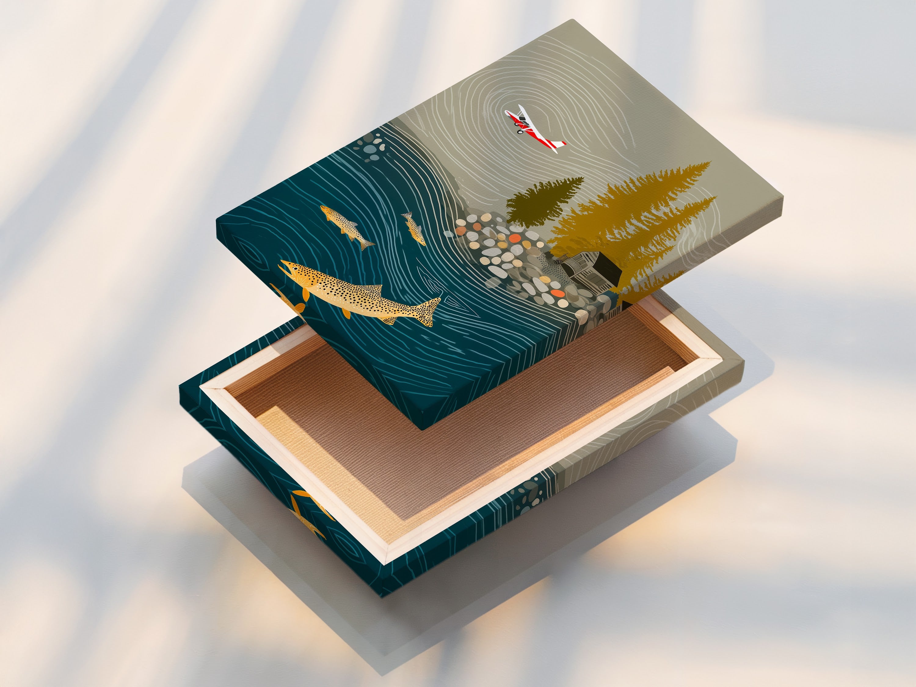 This is a stretched canvas print featuring a fishing landscape artwork. This cabin canvas is a great option as an airplane print or vintage decor. This is the perfect piece for elevating man cave art and lodge decor.