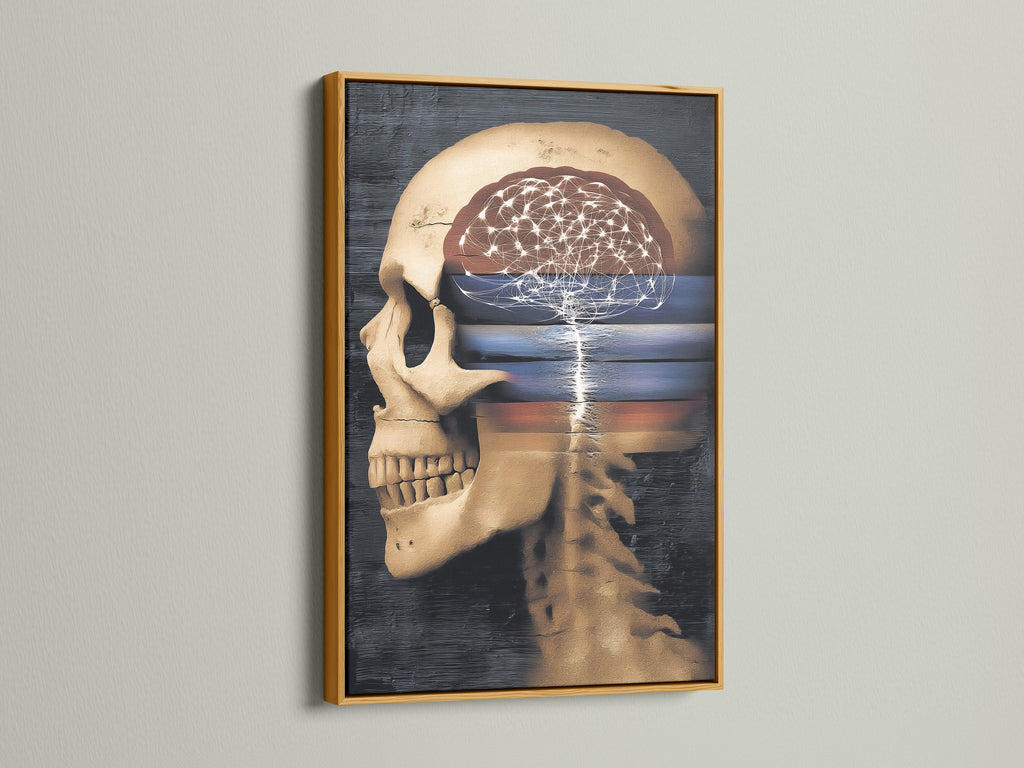 This is a gold framed anatomical wall art. This features a brain canvas print and surreal skull artwork. The gothic home decor adds a touch of dark academia to any room. A great piece of science wall art for professors and medical students to enjoy.