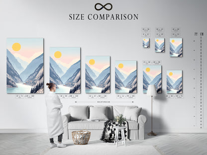 A size comparison chart is displayed in an interior setting. This helps you visualize the perfect fit for your space. Choose from various sizes of our mountain lake canvas and valley wall art. Find the ideal pastel landscape artwork for your office or home decor. Discover serene art.