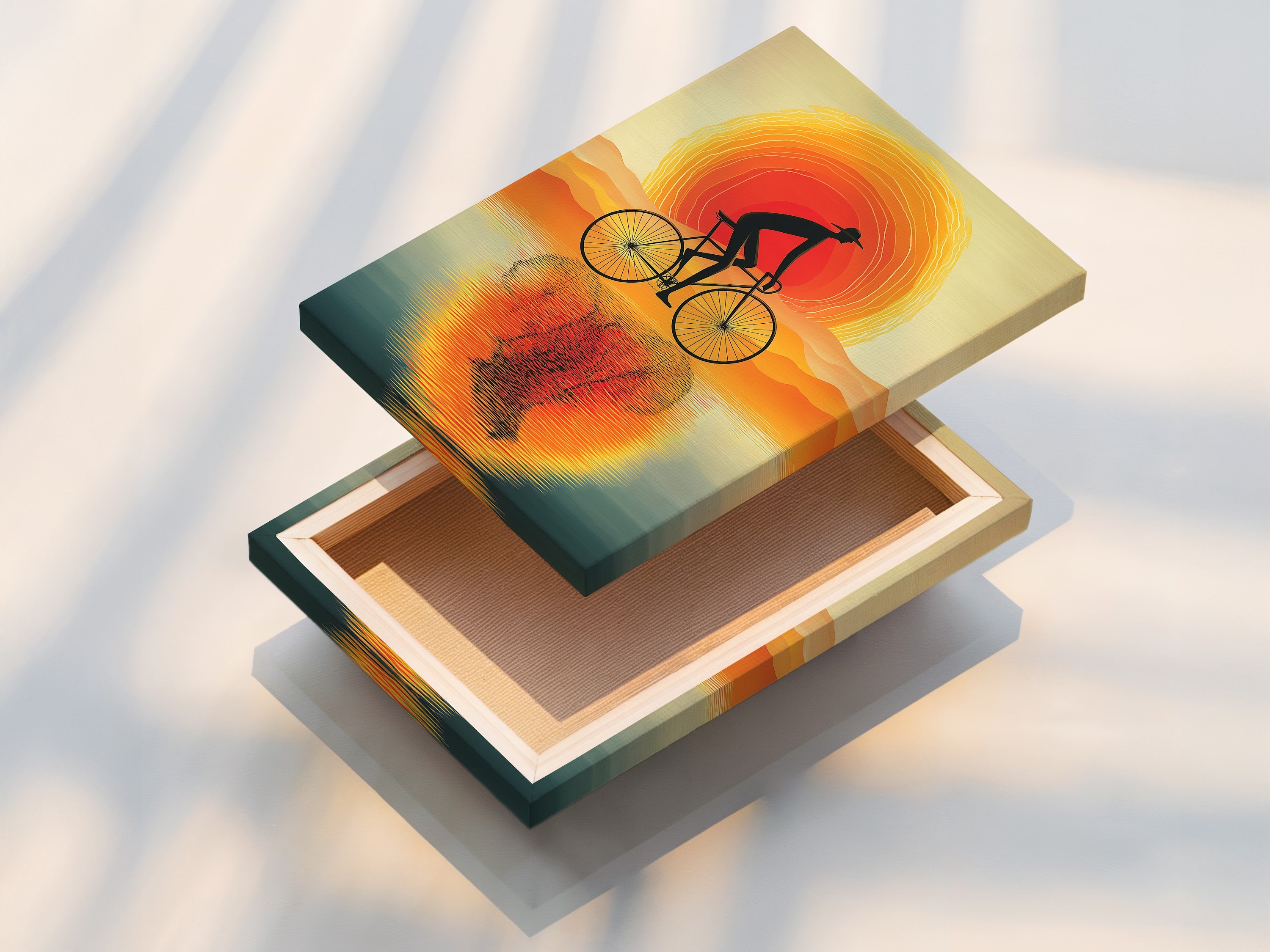 This is a stretched canvas print of the Sunset Ride artwork. This modern art print is ready to transform your space. Enjoy the vivid colors of orange and teal. This is perfect as modern home art.
