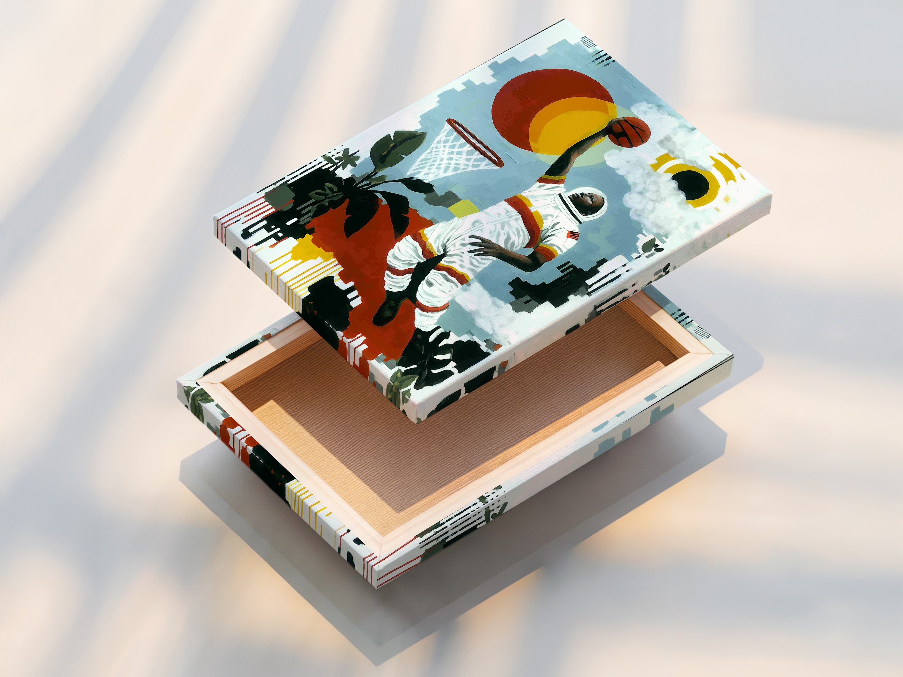 A stretched canvas print of the basketball astronaut art piece. Ready to hang and elevate your space. This retro sports themed artwork is perfect for game rooms and man caves. Enjoy a vibrant and stylish wall decor.