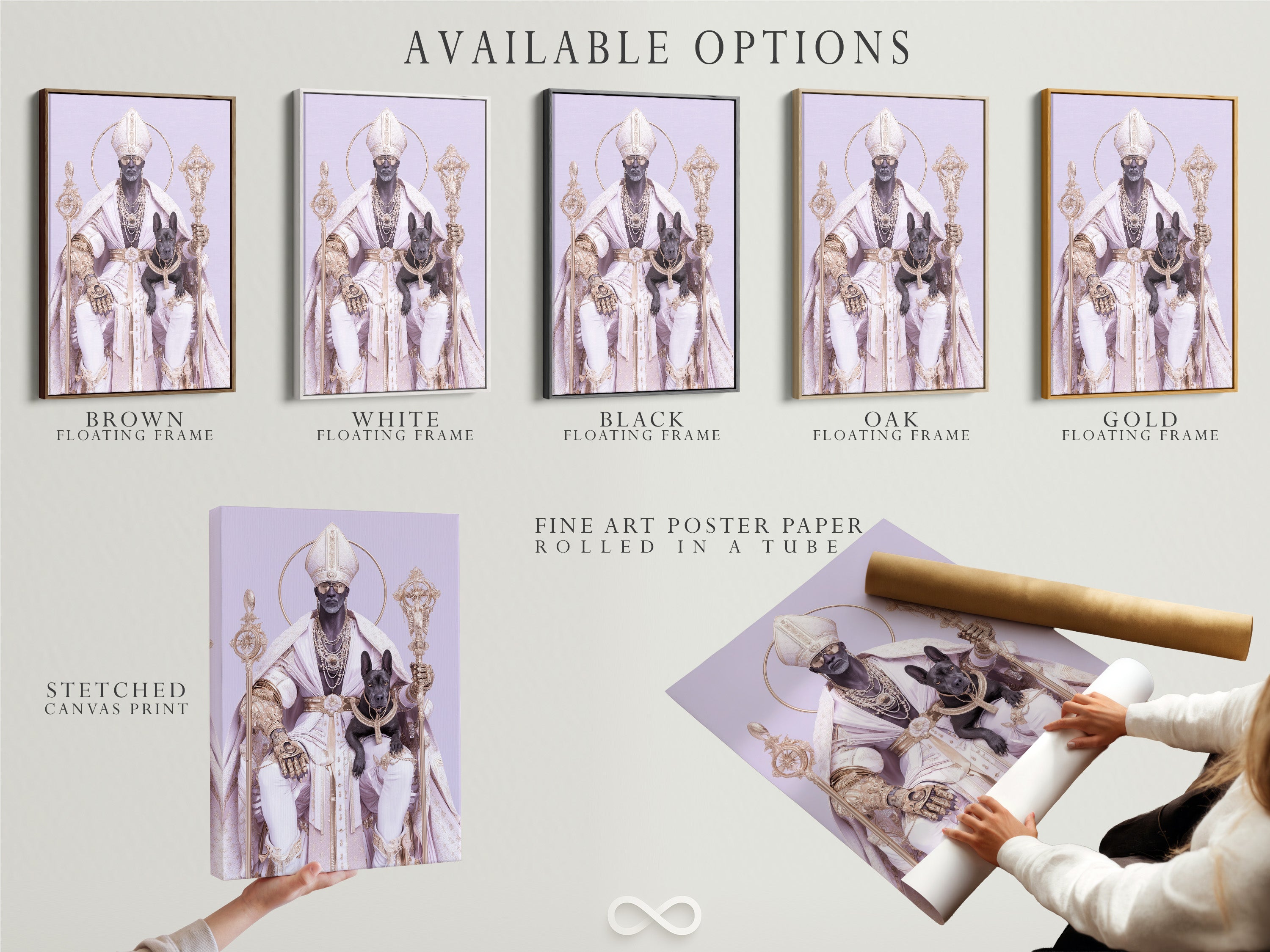 Available options are showcased for religious artwork prints. Choices include a stretched canvas print fine art poster paper and a floating frame. The Saint Nicholas artwork combines contemporary gold and purple colors. It provides various formats to suit any religious home decor or spiritual artwork needs