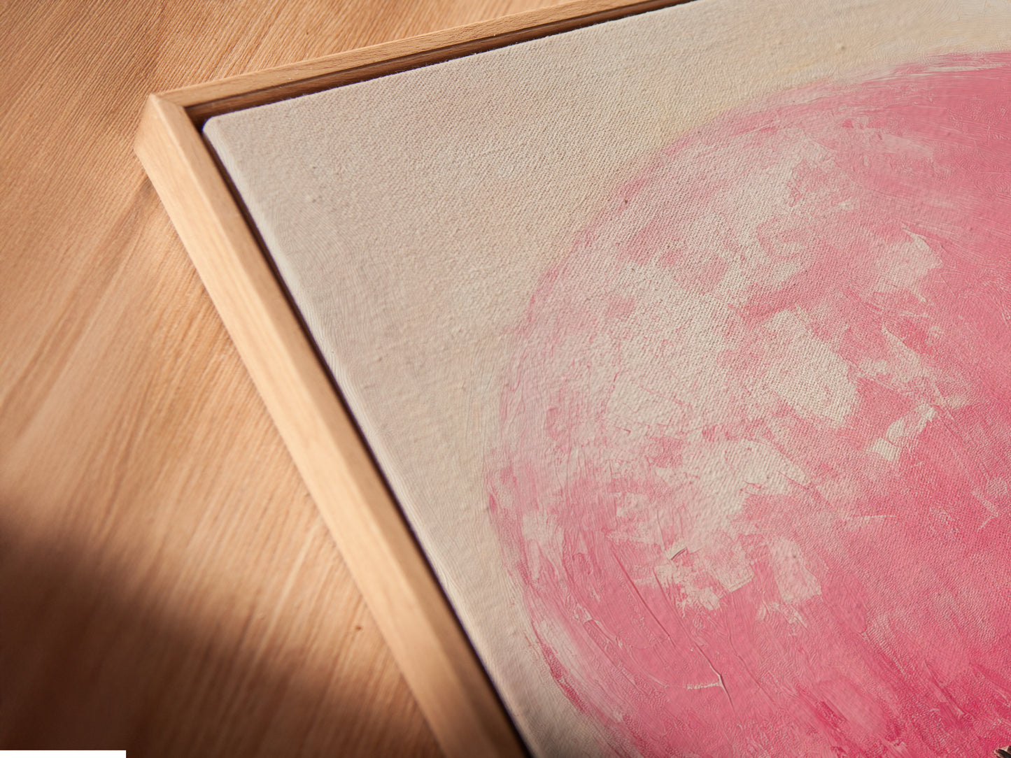 Close-up of a canvas print. The canvas is in a floating frame. The floating frame creates a modern and stylish look. This frame enhances the artwork. Discover the beauty of our floating frames.