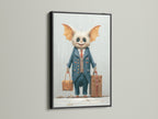 The monster travel art print is presented in a sleek black frame. The artwork features a funny monster dressed for travel. It is ideal for modern decor in playrooms. This creature art adds a unique and playful element to any room. A great conversation starter.