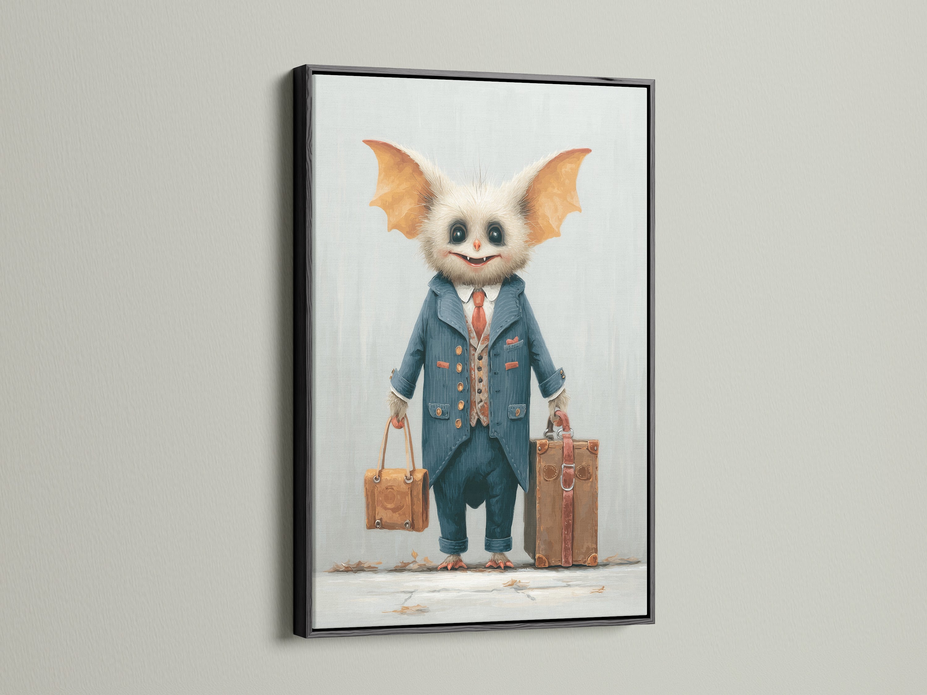 The monster travel art print is presented in a sleek black frame. The artwork features a funny monster dressed for travel. It is ideal for modern decor in playrooms. This creature art adds a unique and playful element to any room. A great conversation starter.