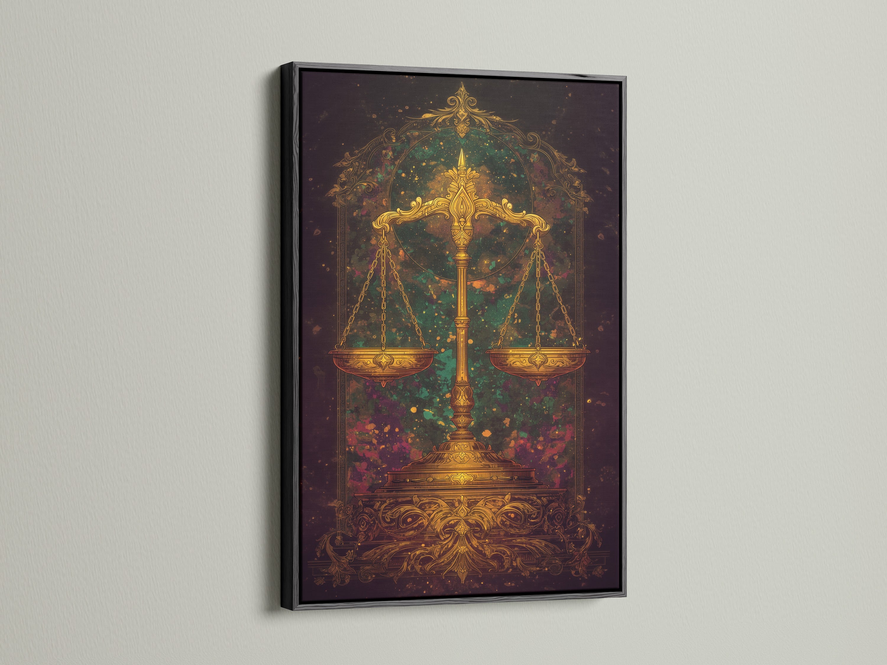 A striking black frame highlights the Justice Scales canvas print. This ornate legal decor is perfect for lawyers and judges. The golden scales print adds cosmic astrology artwork to home offices. This baroque legal art is a vintage touch.