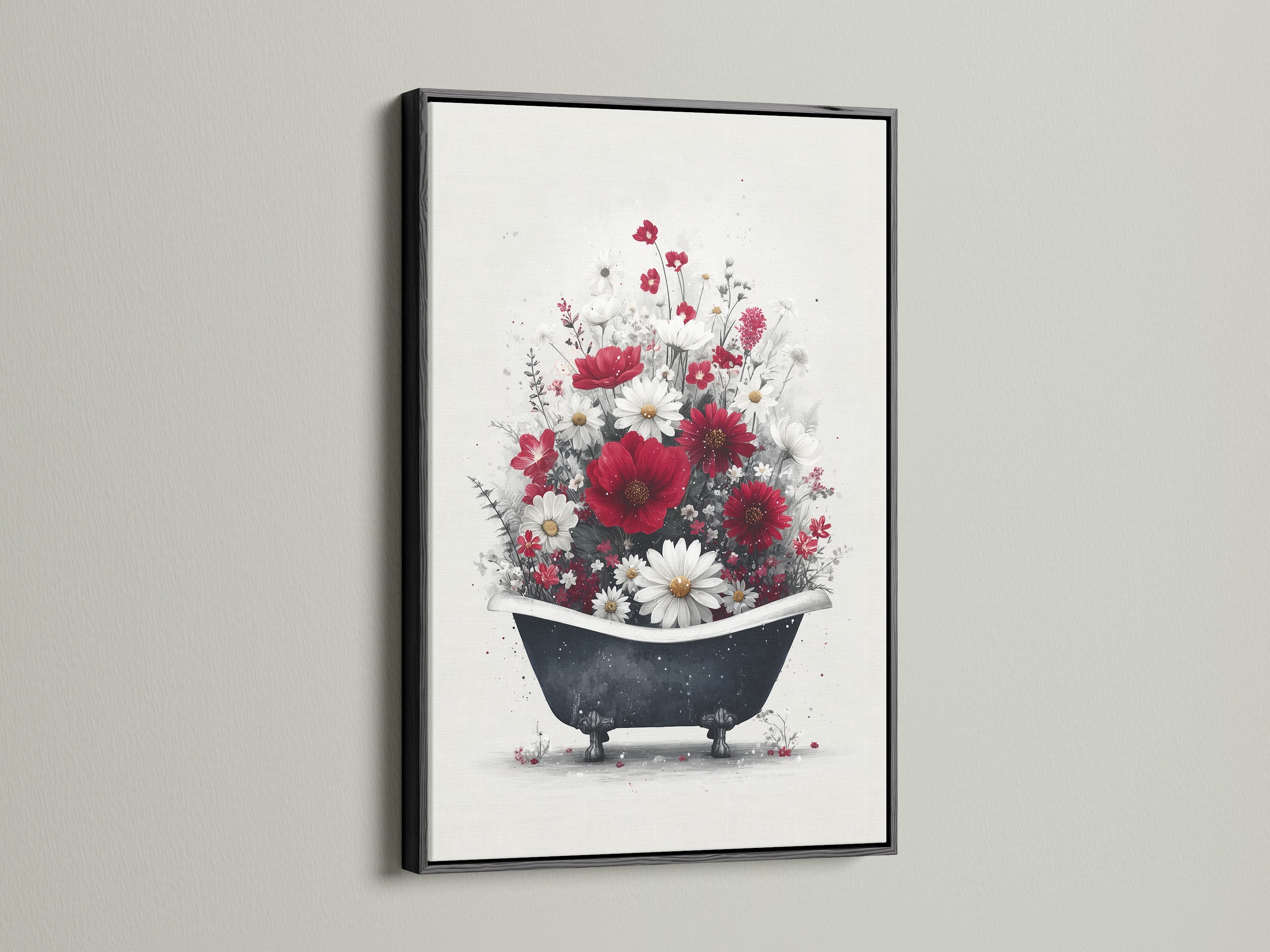 A black framed floral bathtub artwork displayed on a white wall. The artwork features red and white flowers in a vintage bathtub. The artwork provides a striking contrast. Black frame adds a modern touch to the vintage theme. Elevate your farmhouse wall art with this unique piece.