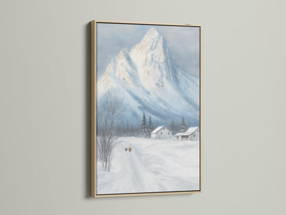 Winter Mountain canvas print is framed in oak. The snowy landscape wall art complements farmhouse decor for a cabin. The rustic artwork captures a serene winter scene. Ideal for adding warmth to any space with its natural beauty.