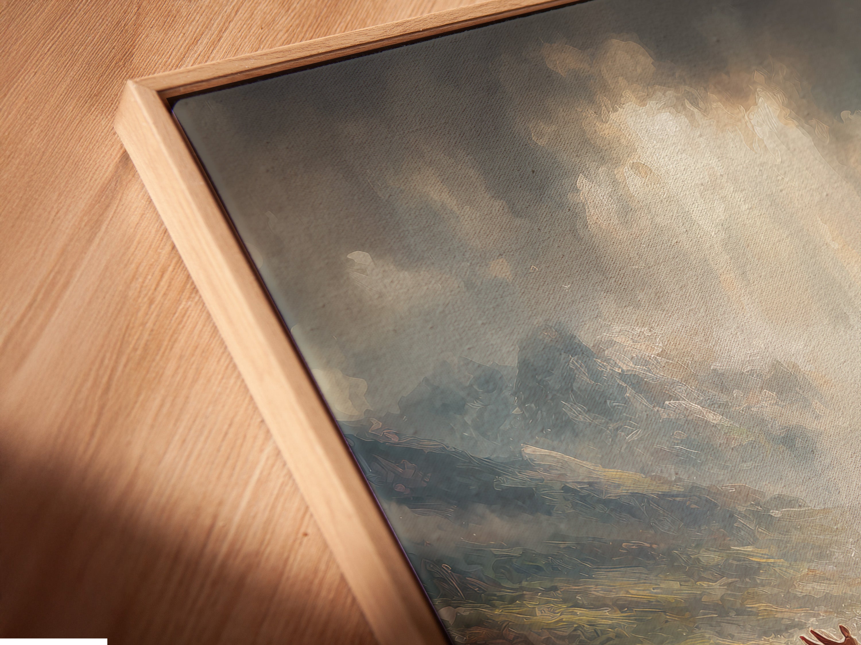 A close-up angled view of a canvas print in a floating frame. Experience depth and style with this christian canvas. Perfect for modern spiritual decor. Shop now for unique religious wall art.