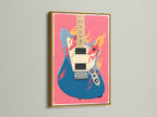 The electric guitar artwork is set in a luxurious gold frame. This adds a touch of opulence to the modern artwork. The gold complements the blue and pink tones. This makes it a standout piece for any wall.