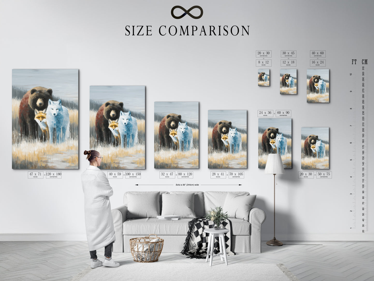 Size comparison chart of Wildlife Trio artwork in an interior setting. See how this animal canvas fits in your space. Available in various sizes. Perfect for bear artwork fox prints and wolf art. Enhance your home with rustic decor.