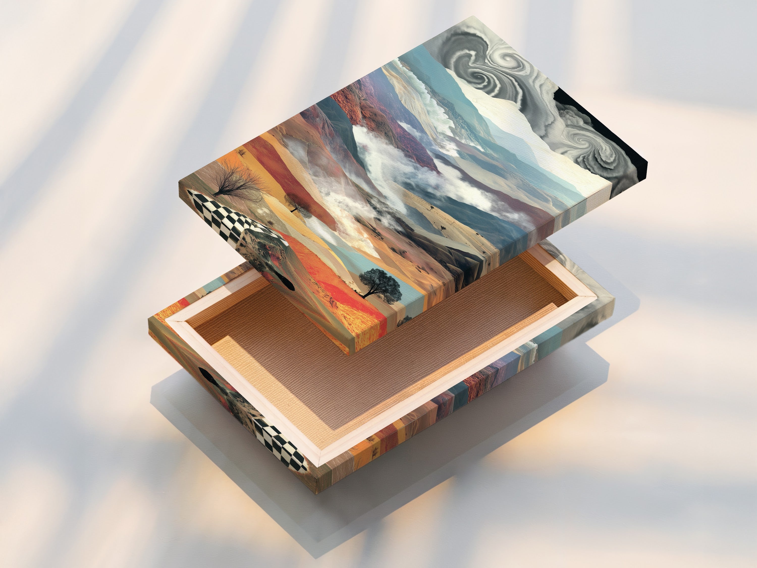 Stretched canvas print featuring a surreal landscape artwork. The dreamy mountains and checkered path create a unique modern look. Ideal for living rooms bedrooms and home offices. Elevate your decor today.