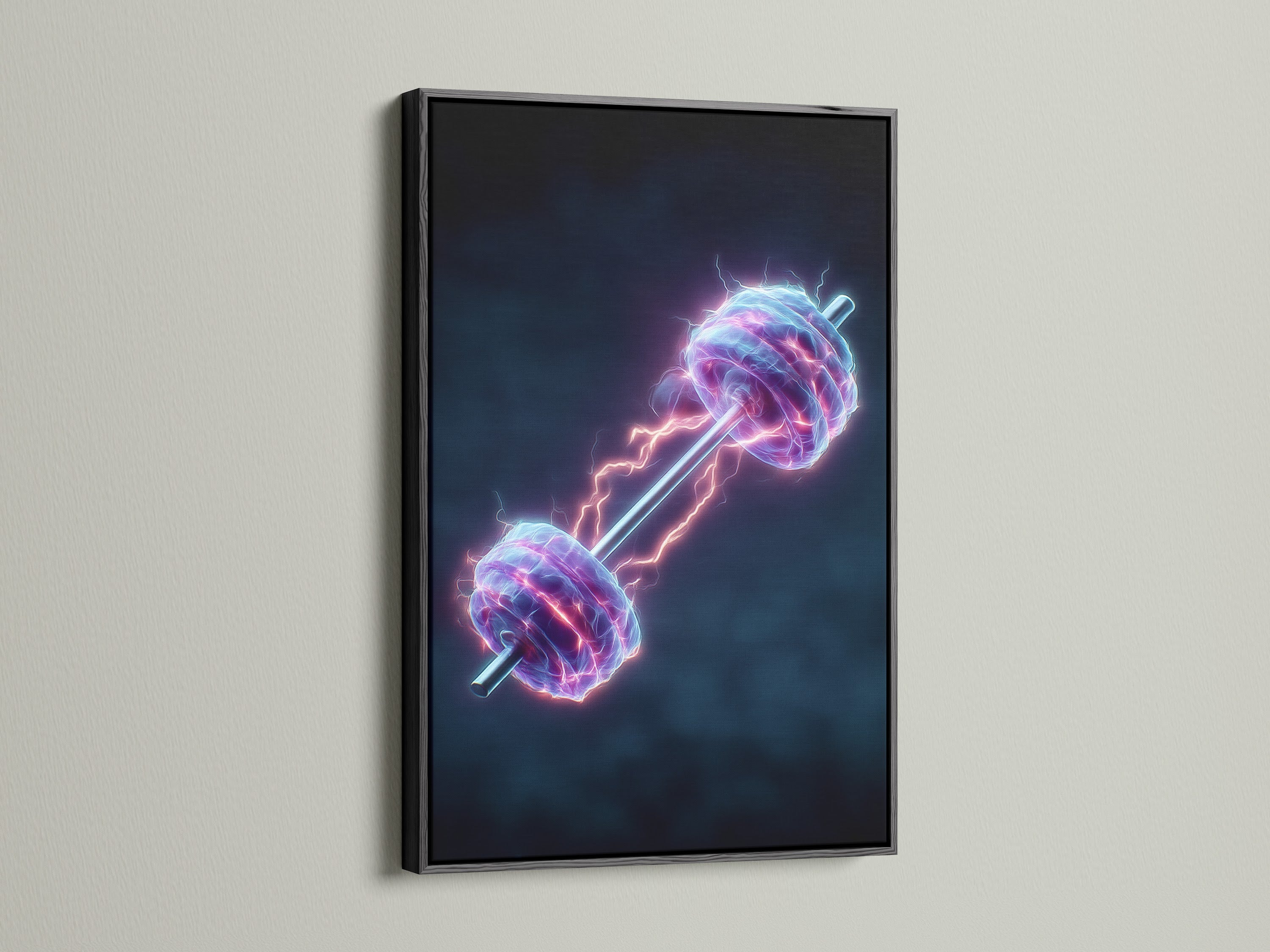 Neon Dumbbell canvas print in a black frame. This fitness wall artwork is ideal for home gym decor. The electric art provides excellent workout motivation. Black frame adds a sleek touch to the contemporary artwork. Perfect for any fitness enthusiast.