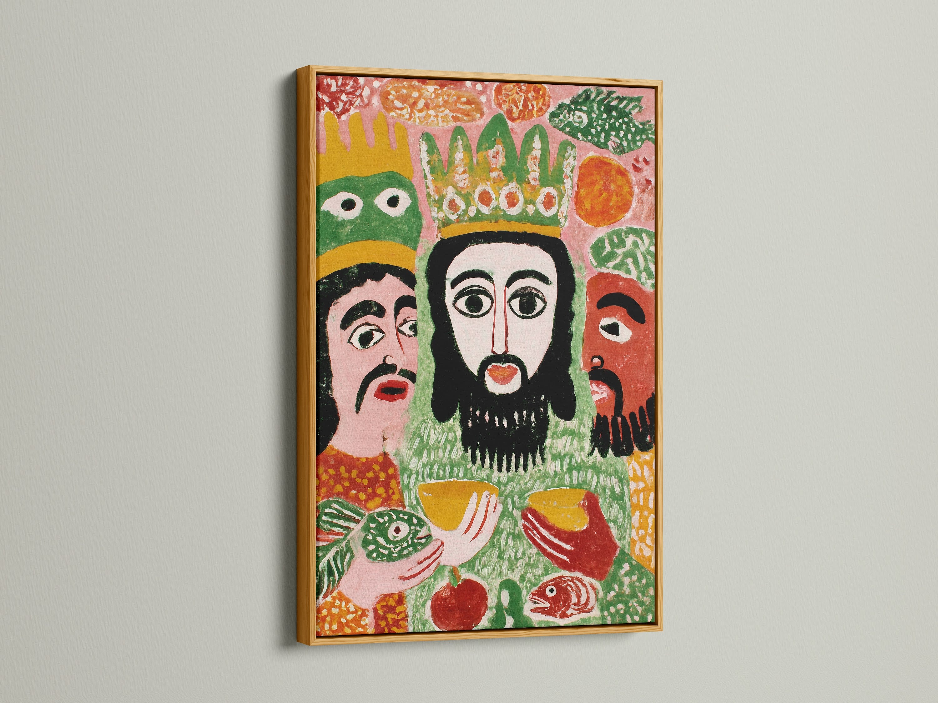 Colorful Biblical Folk Art Print of the Three Wise Men in a gold frame. This religious artwork adds a touch of elegance to any room. Perfect christian home decor to elevate your space. Its folk art canvas is suitable for various styles including rustic and eclectic.