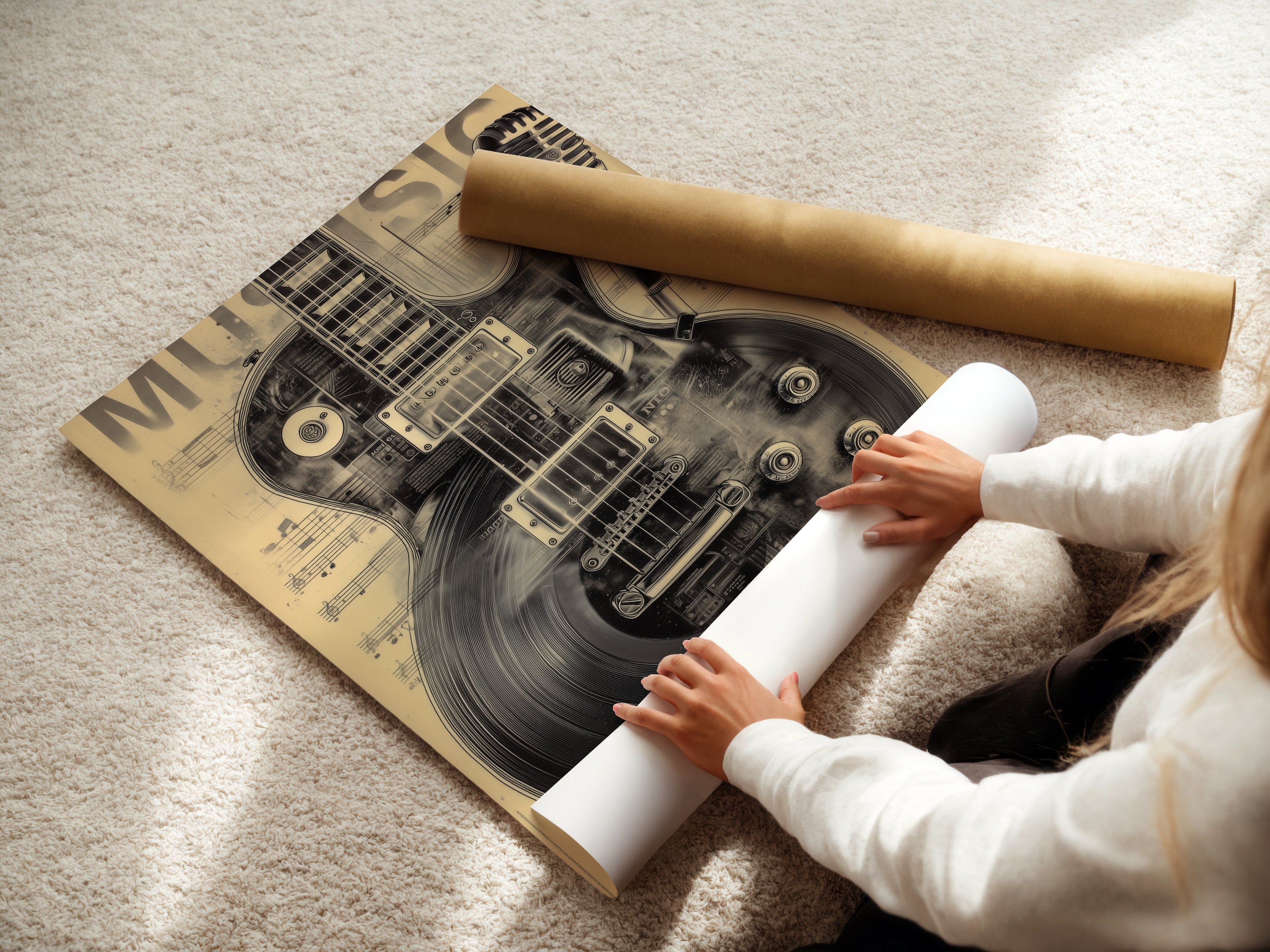 A woman is carefully rolling a fine art poster paper. The vintage guitar music artwork is ready for framing. This musical instrument poster is an excellent gift for musicians. Perfect for adding a musical theme to your decor.