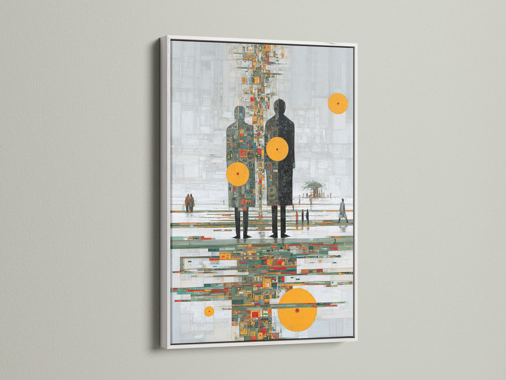 A white frame enhances this modern reflection print. The abstract human figures artwork features an orange circle. This contemporary canvas adds elegance to any space. Perfect for minimalist styles. Elevate your office wall decor with this geometric abstract figure art print.