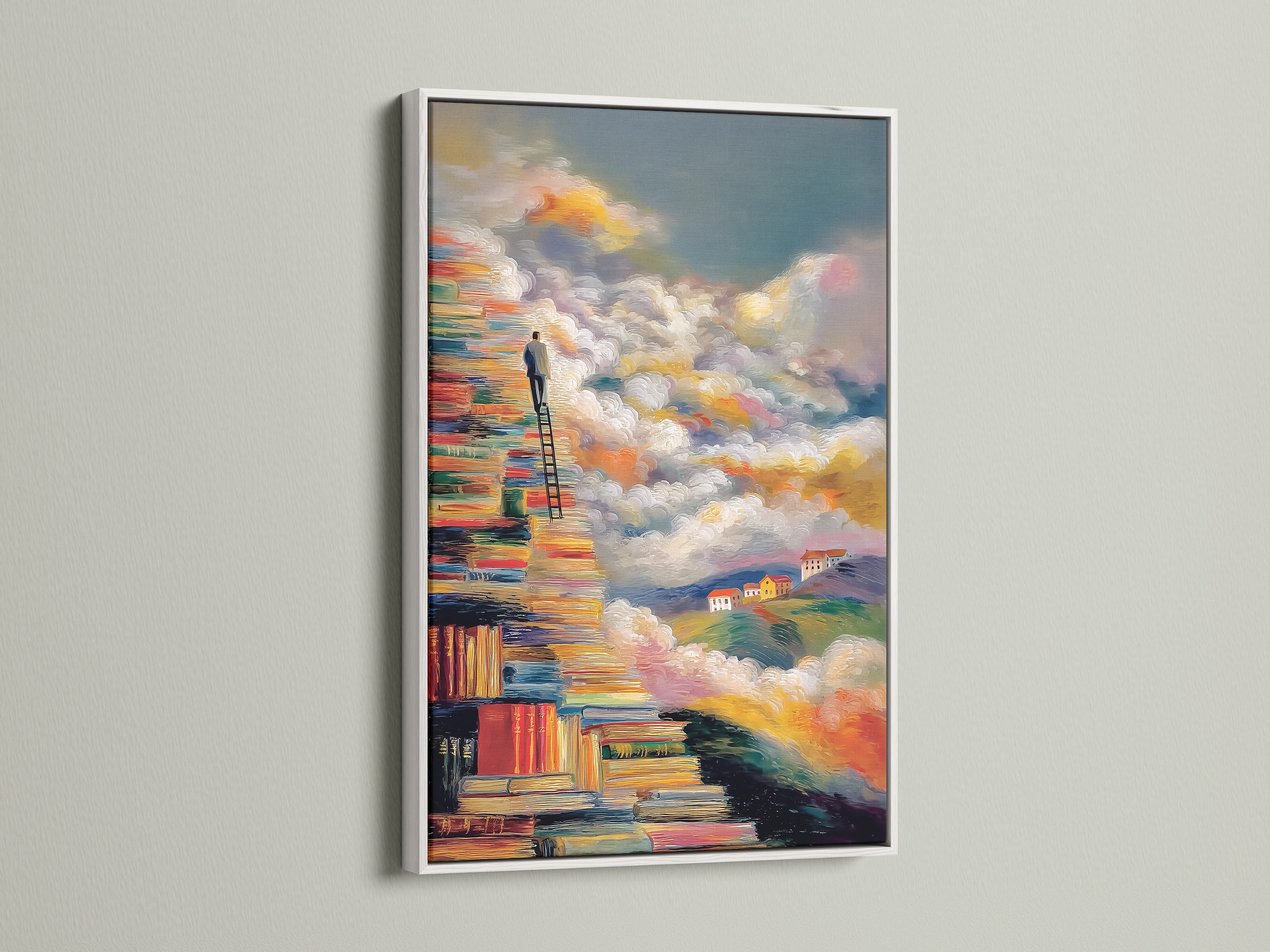 Books to Clouds artwork in a white frame. The dreamy artwork depicts a stairway of books extending into a surreal cloudscape. This piece of reading wall art is ideal for a home library or study room. It is a unique gift for those who appreciate literature and art.