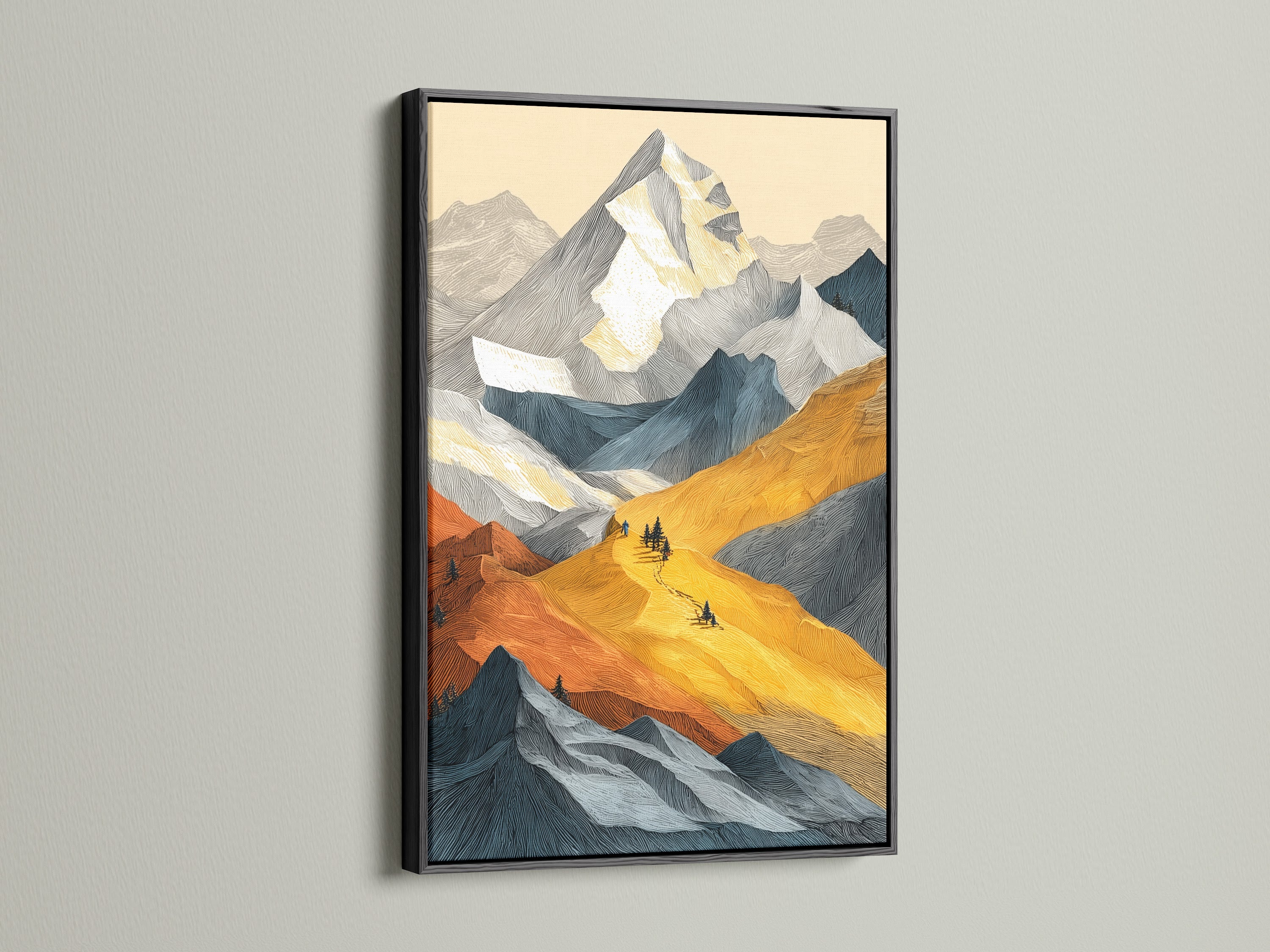 A mountain landscape artwork is presented in a sleek black frame. The art includes alpine peaks and golden autumn colors. This modern nature print brings sophistication to your space. It's a great option for offices and living rooms.