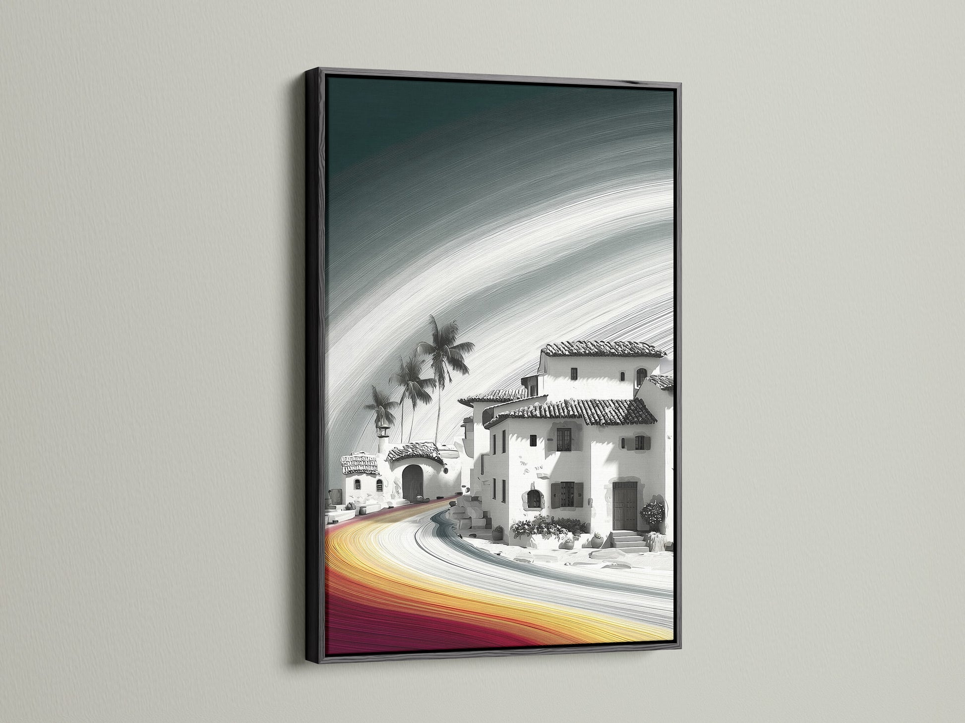The Coastal Village artwork is displayed in a black frame. The black frame adds a bold and sophisticated touch. This frame contrasts beautifully with the neutral tones of the artwork. It creates a focal point in any room it is placed in.