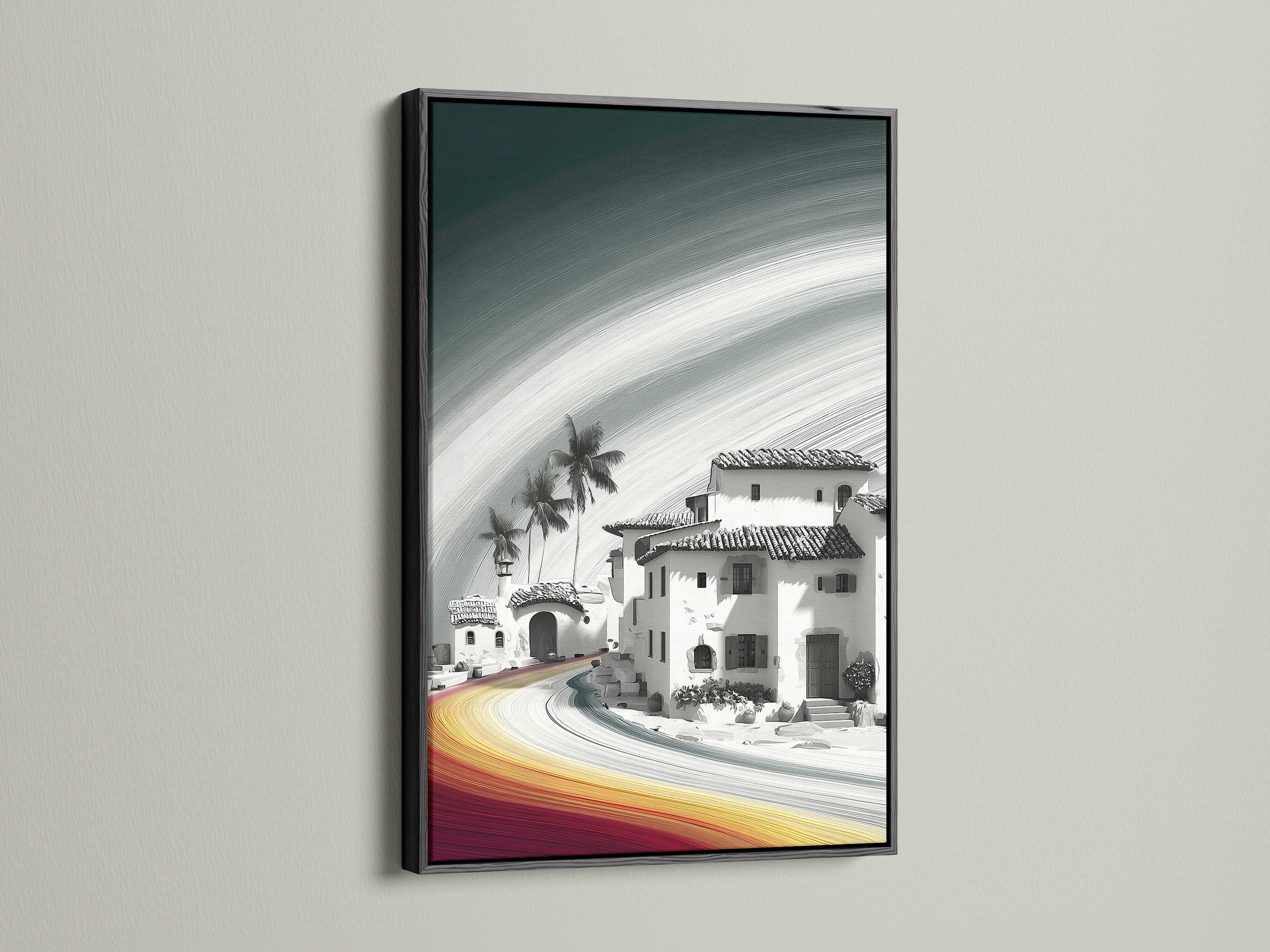 The Coastal Village artwork is displayed in a black frame. The black frame adds a bold and sophisticated touch. This frame contrasts beautifully with the neutral tones of the artwork. It creates a focal point in any room it is placed in.