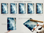 Explore available options for this abstract cloudscape. Options include a stretched canvas print fine art poster paper and floating frame. Customize this teal blue sky wall art to suit your style. Perfect for modern artwork and celestial decor.