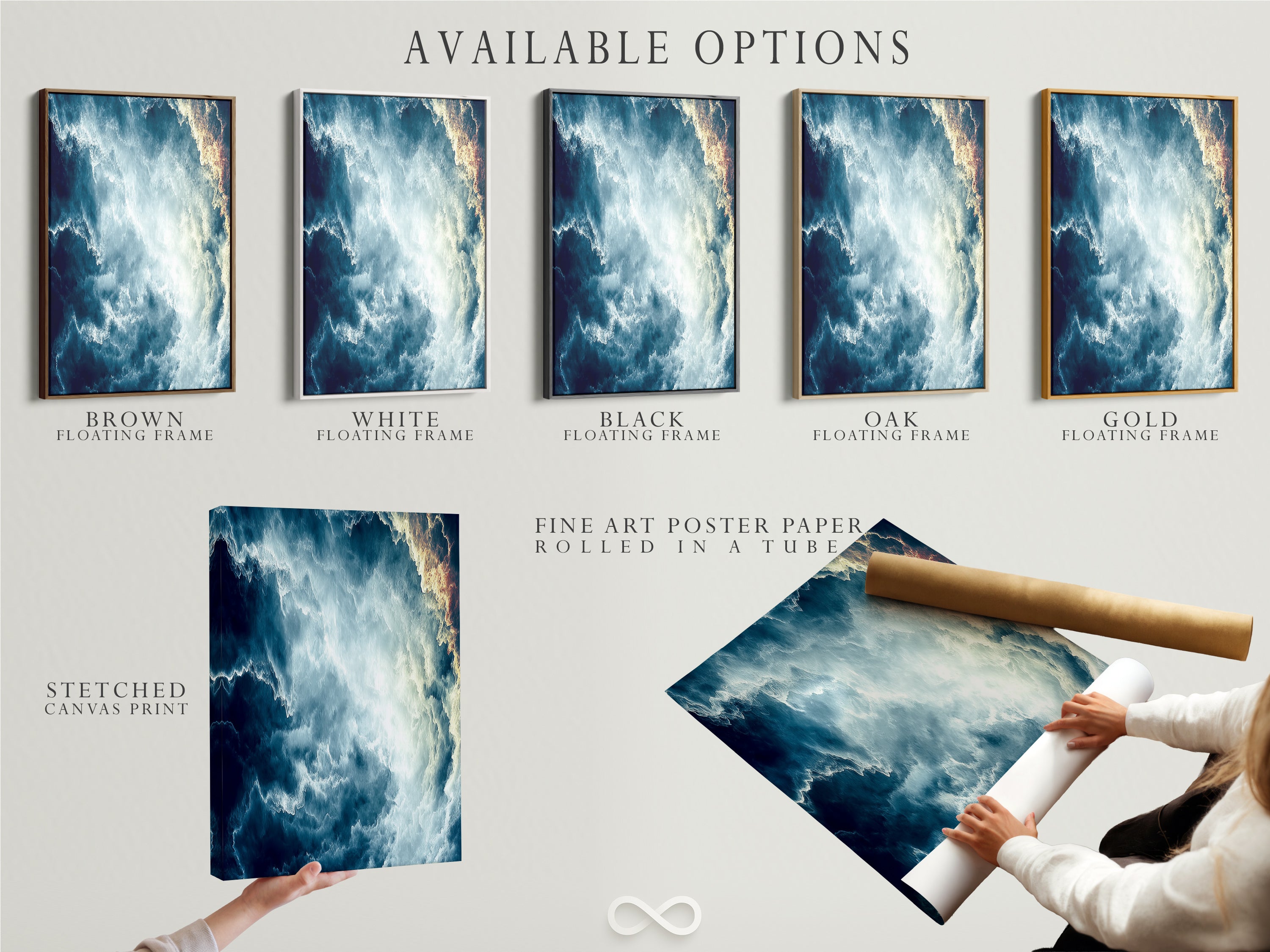 Explore available options for this abstract cloudscape. Options include a stretched canvas print fine art poster paper and floating frame. Customize this teal blue sky wall art to suit your style. Perfect for modern artwork and celestial decor.
