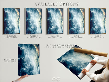 Explore available options for this abstract cloudscape. Options include a stretched canvas print fine art poster paper and floating frame. Customize this teal blue sky wall art to suit your style. Perfect for modern artwork and celestial decor.