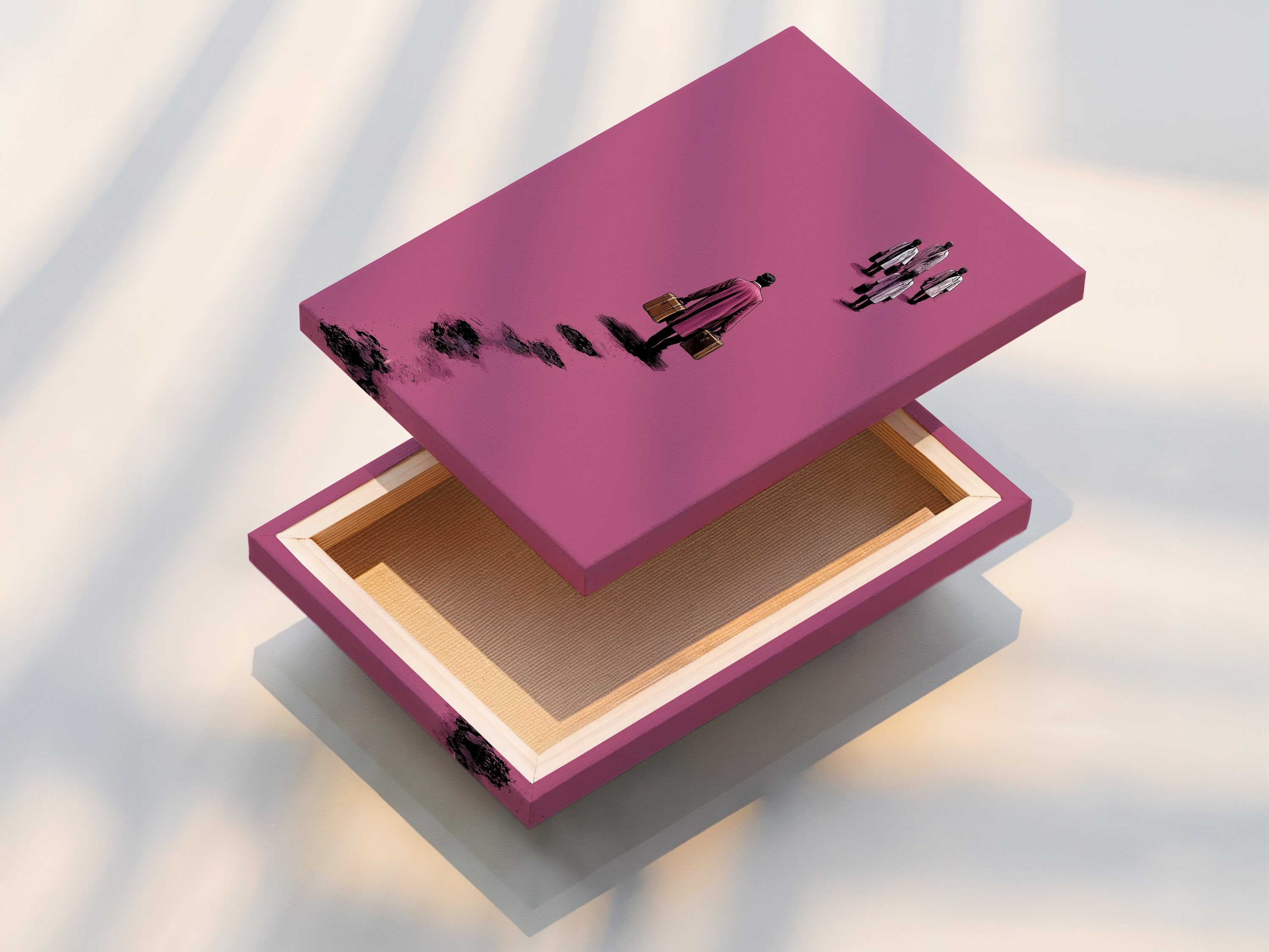 Stretched canvas print of a surreal pink artwork. The art features a figure walking away with suitcases. This minimalist canvas print is ready to hang. This contemporary abstract poster is perfect for office wall decor.